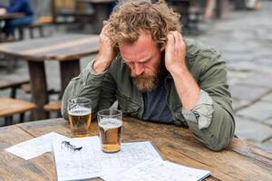 A man with a beard sitting at a table with two beers photo