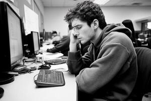 A man sitting at a desk with a computer photo