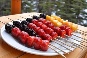 A plate of fruit skewers on a wooden table photo