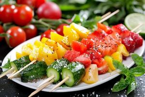 A plate of vegetables with skewers and tomatoes photo