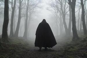 A person in a black cloak standing in the middle of a forest photo