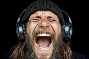 A man with a beard and headphones is screaming photo