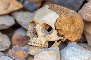 A skull sitting on a pile of rocks photo