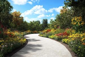 A paved path through a garden with flowers and trees photo