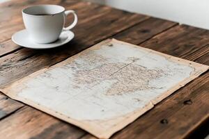 A map and a cup of coffee on a wooden table photo