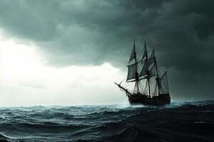 A tall ship in the ocean under stormy skies photo