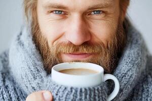 A man with a beard and sweater is holding a cup of coffee photo