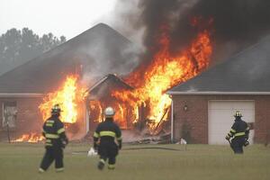 A house is on fire with firefighters standing in front of it photo