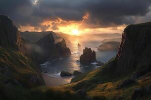 The sun sets over the ocean and cliffs in this photo