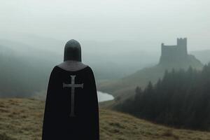 A person in a black cloak standing on a hill overlooking a castle photo