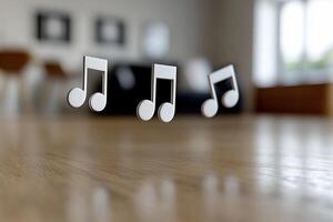 A wooden table with music notes floating in the air photo