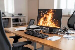 A computer monitor is on fire in an office photo