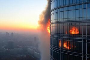 A fire is burning in the window of a tall building photo