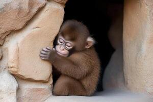 A monkey is peeking out of a hole photo
