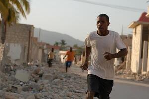 A man running in the middle of a street photo