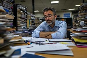 A man sitting at a desk in front of a pile of papers photo