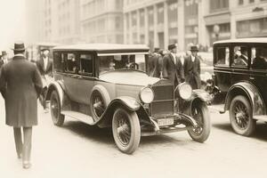 An old photo of people walking down the street in front of an old car