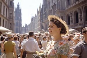 A woman in a hat and dress stands in a crowded city photo