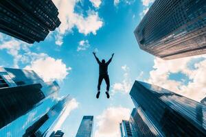 A person jumping in the air in front of tall buildings photo