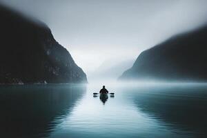 A person in a canoe is floating in the middle of a lake photo