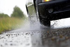 A car is driving through a puddle on a road photo