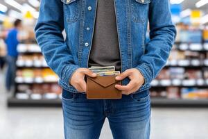 Man holding wallet in grocery store photo