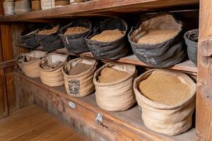 Sacks of grain in a wooden shelf in a store photo