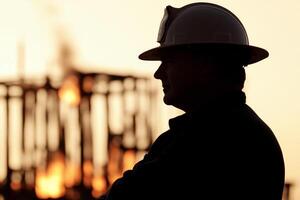 A man in a hard hat standing in front of a burning building photo