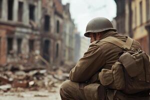 A soldier sitting on the ground in front of a destroyed building photo