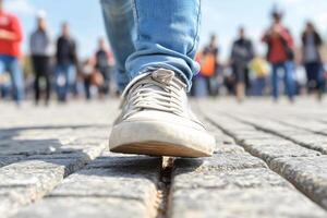 A person walking on a brick path with people in the background photo