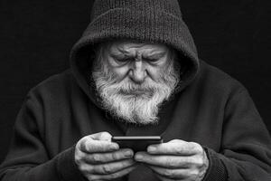 An old man in a hoodie is using his phone photo