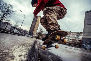 A man on a skateboard doing a trick on a ramp photo