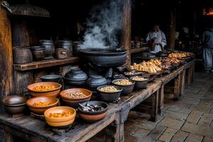 A wooden table with bowls of food and a man standing in front of it photo