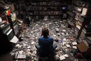 A man sitting on the floor surrounded by a pile of electronics photo