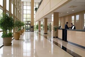 The lobby of a hotel with a reception desk and potted plants photo
