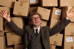 A man in a suit and tie surrounded by boxes photo