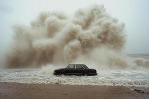 A car is sitting in the water next to a large wave photo