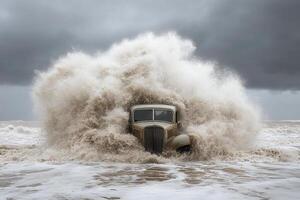 An old truck is driving through the waves on a stormy day photo