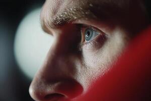 A close up of a man's face with a red background photo
