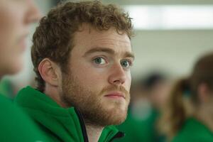 A man with curly hair and green jacket looking at something photo
