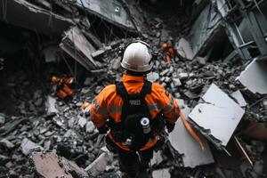 A man in an orange jacket and hard hat is walking through rubble photo