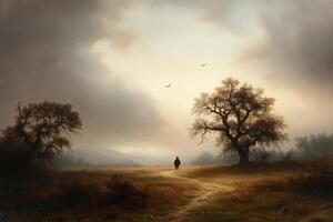 A painting of a man walking down a dirt road photo