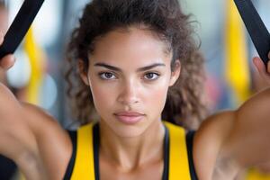 A woman is doing pull ups with a yellow and black strap photo