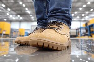 A person wearing a pair of brown boots on a wet floor photo