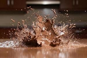 A splash of chocolate is seen on a table photo