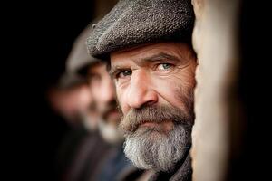 A man with a beard and hat looks out the window photo