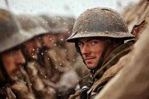 A soldier is looking at the camera while others are in the background photo