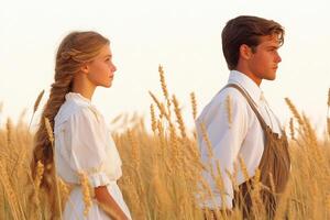 A man and woman standing in a field of tall grass photo