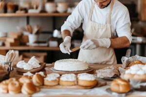 A baker is preparing a cake in a bakery photo