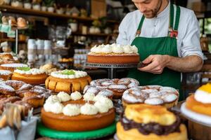 A man in an apron is standing in front of a bakery with many different types of cakes photo